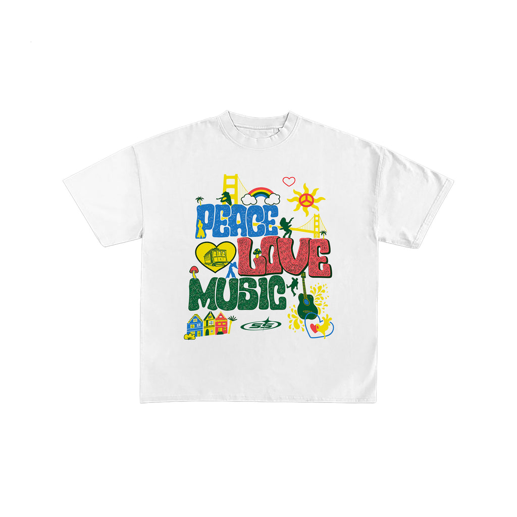 Retro Peace Love Music White Graphic Tee