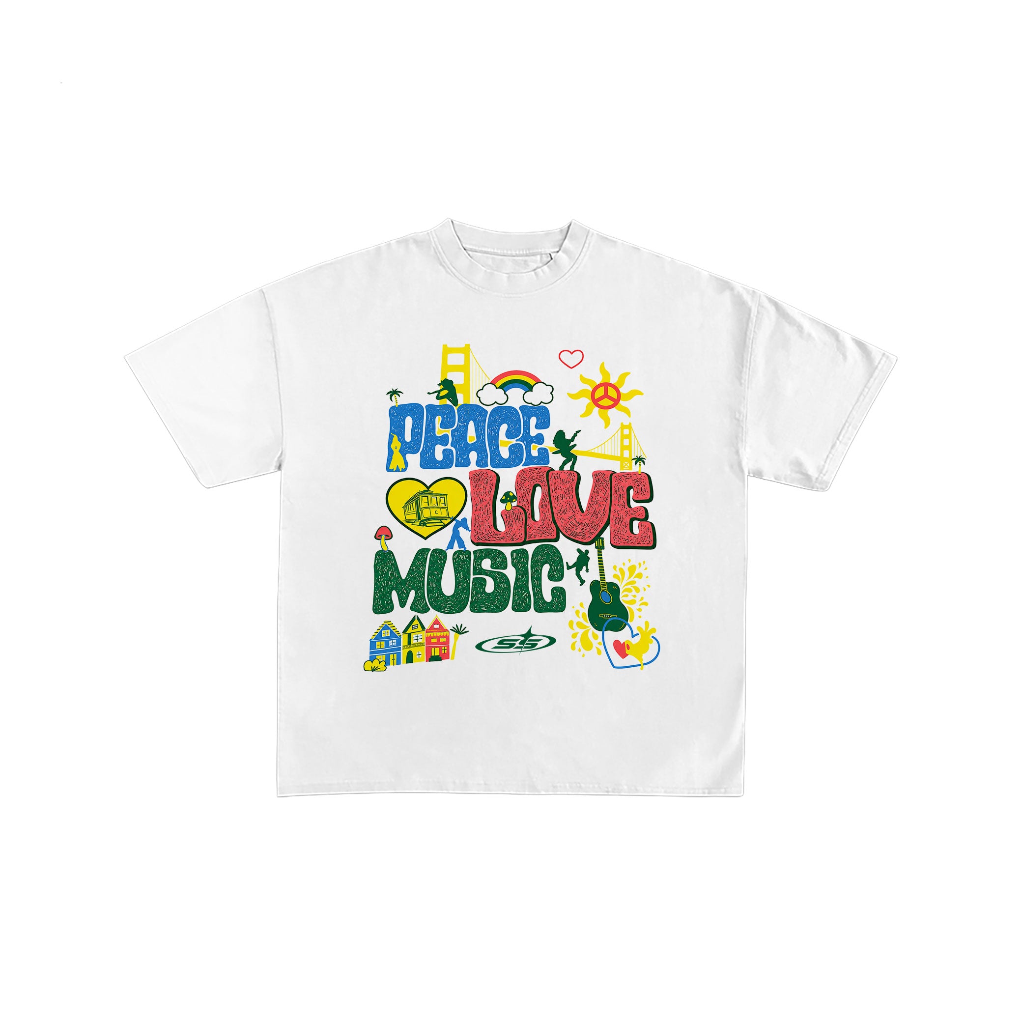 Retro Peace Love Music White Graphic Tee