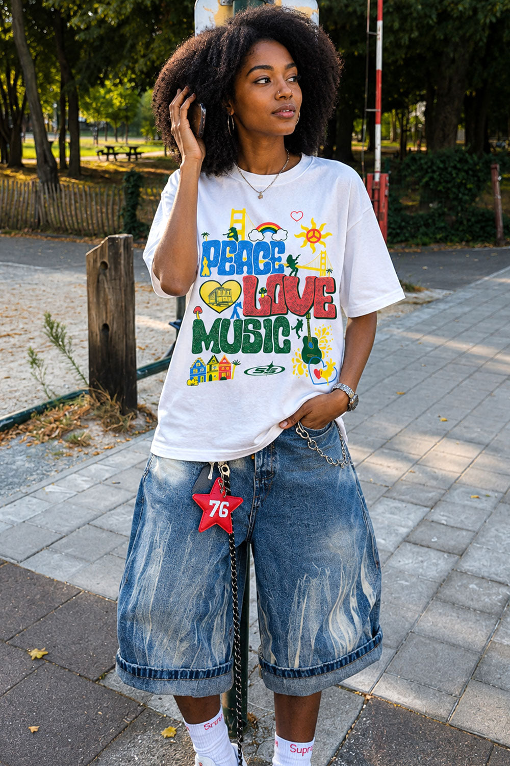 Retro Peace Love Music White Graphic Tee