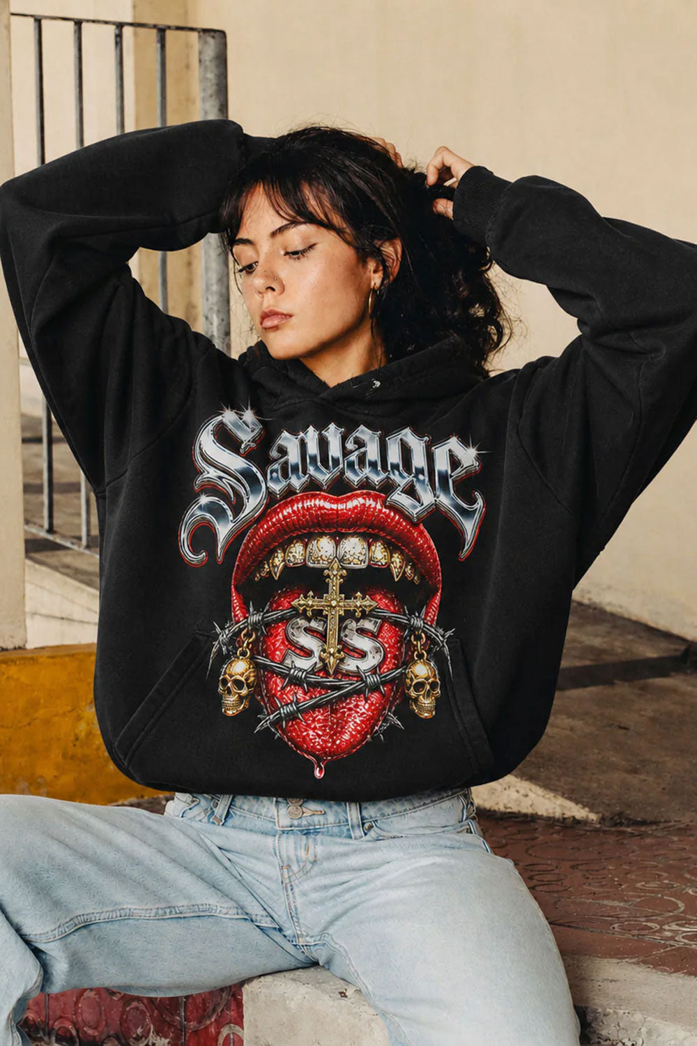 Savage Lips Chrome Graphic Black Crop Hoodie
