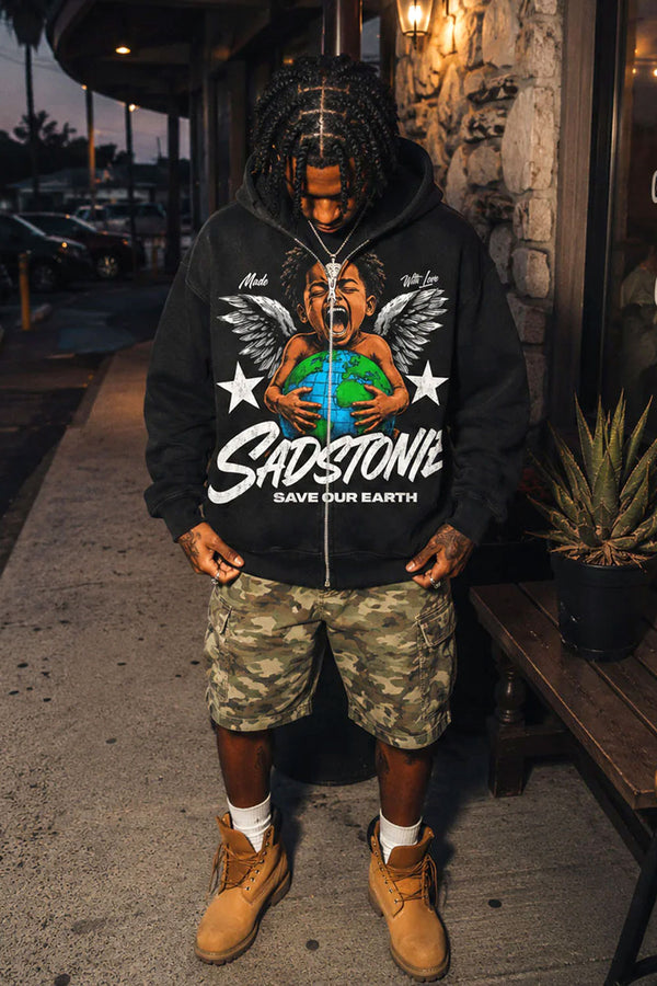 Save Our Earth Angel Boy Black Zip Hoodie