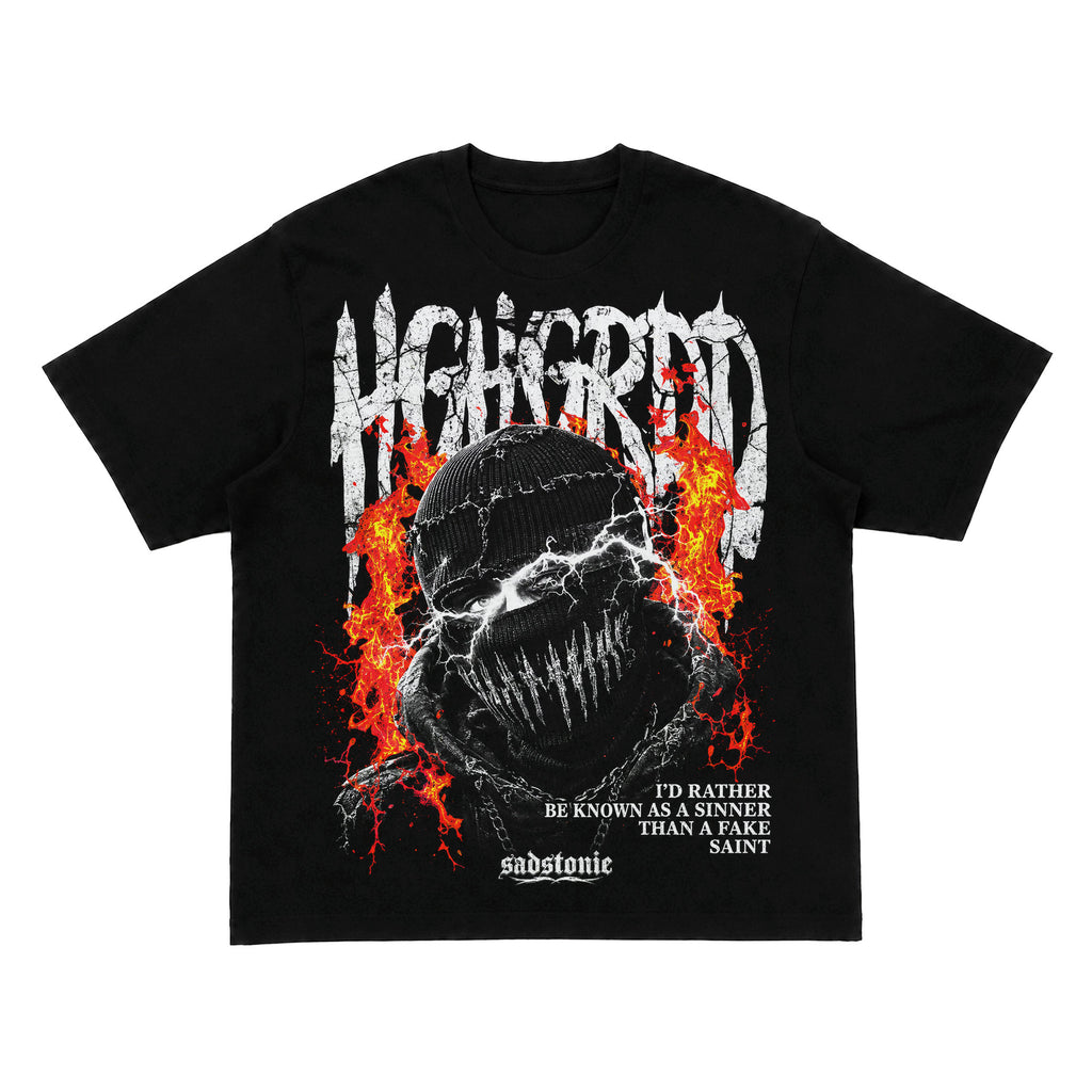 Sinner Fake Saint Mask Flame Graphic T-Shirt