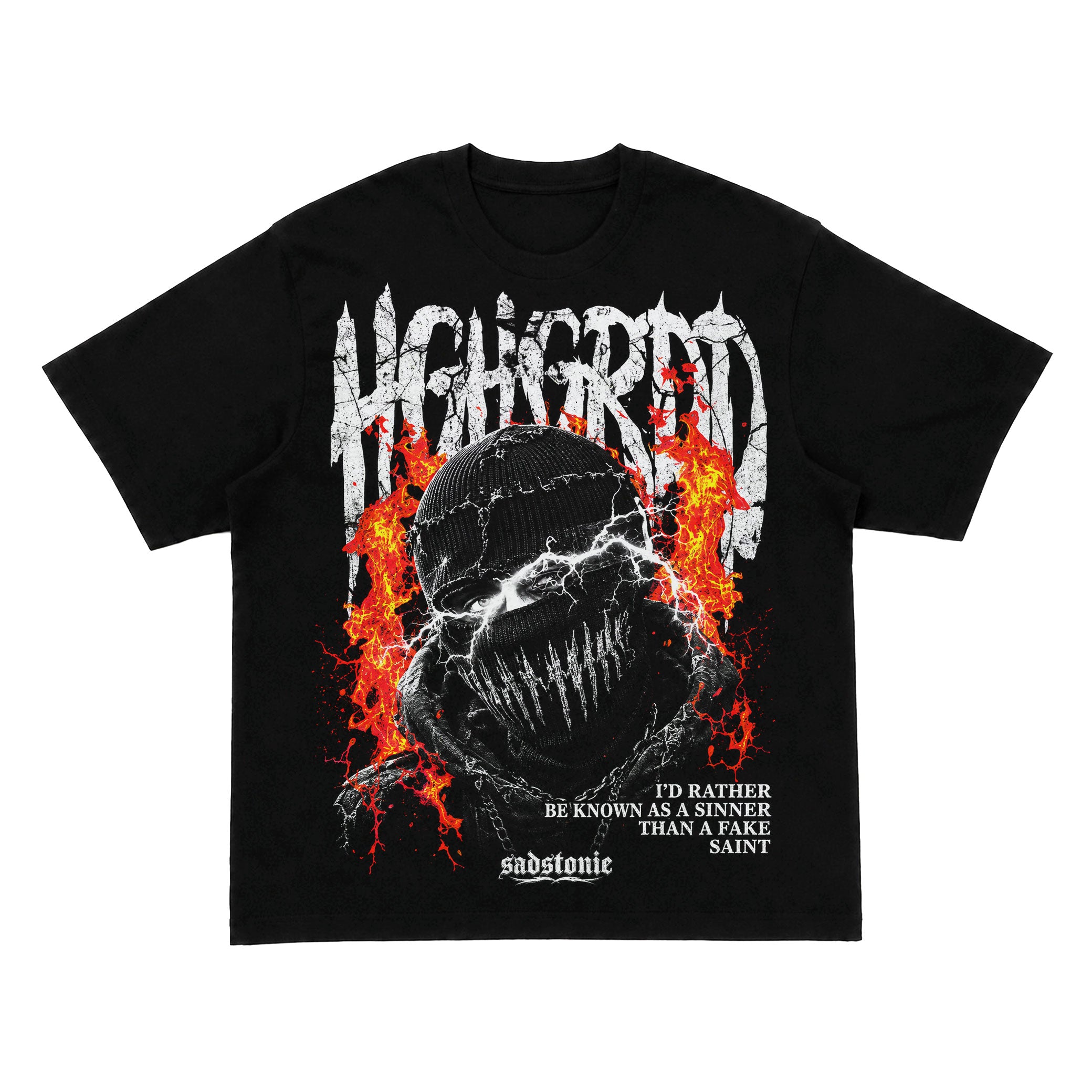 Sinner Fake Saint Mask Flame Graphic T-Shirt