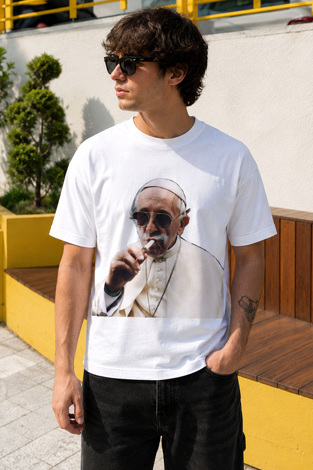 Smoking Pope White Graphic T-Shirt