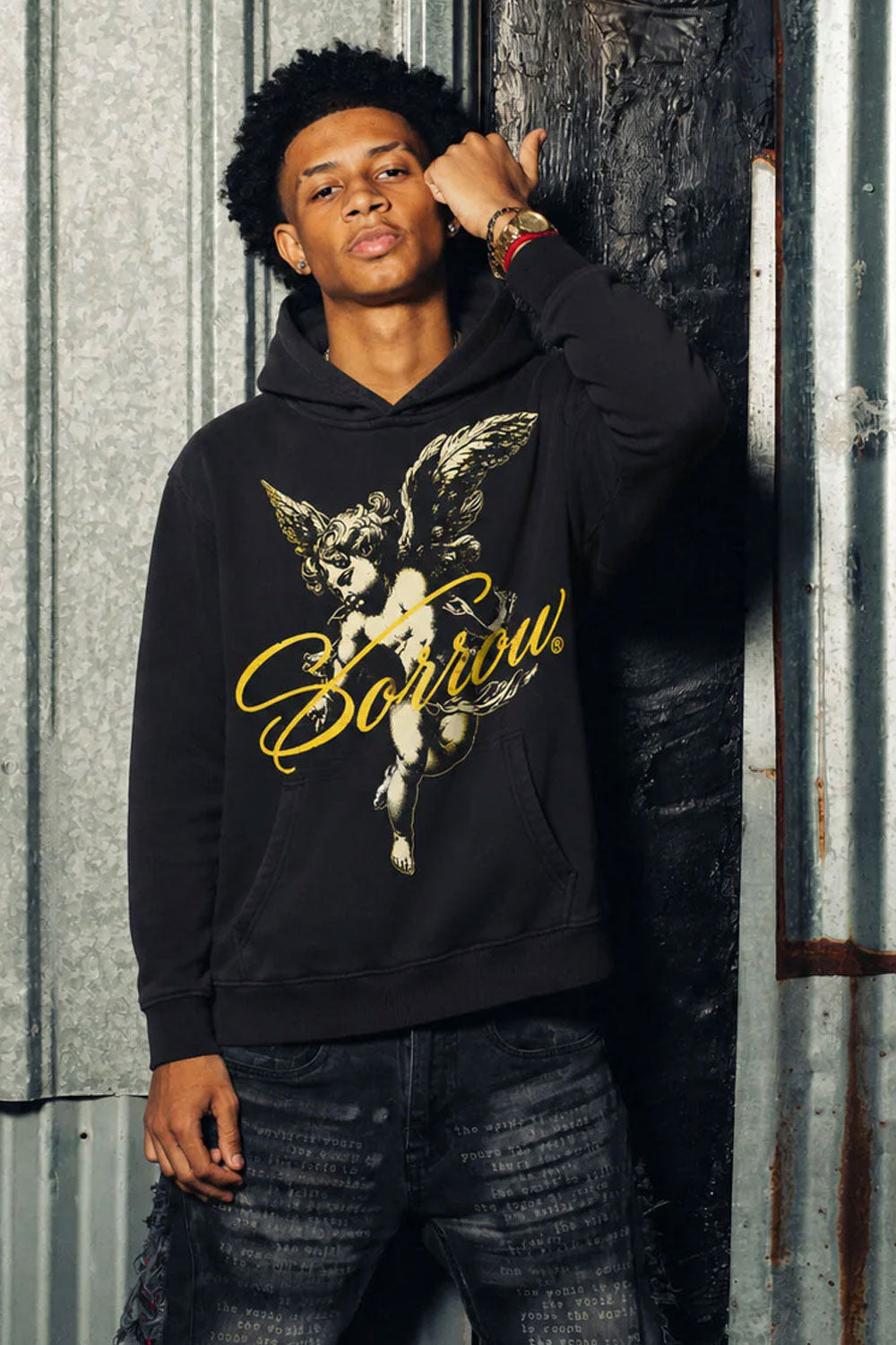 Sorrow Cherub Angel Graphic Black Crop Hoodie