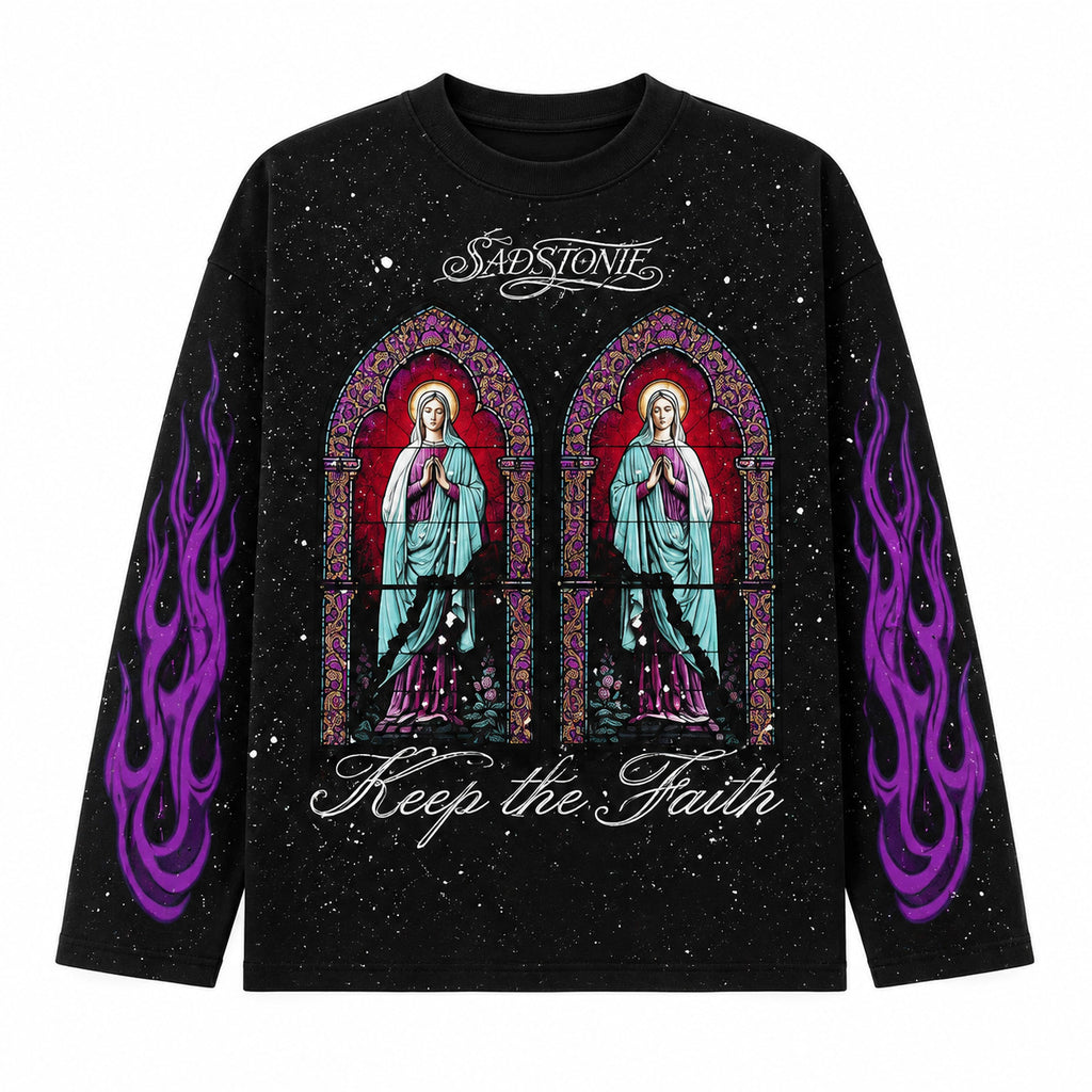 Stained Glass Virgin Mary Graphic Long Sleeve Shirt