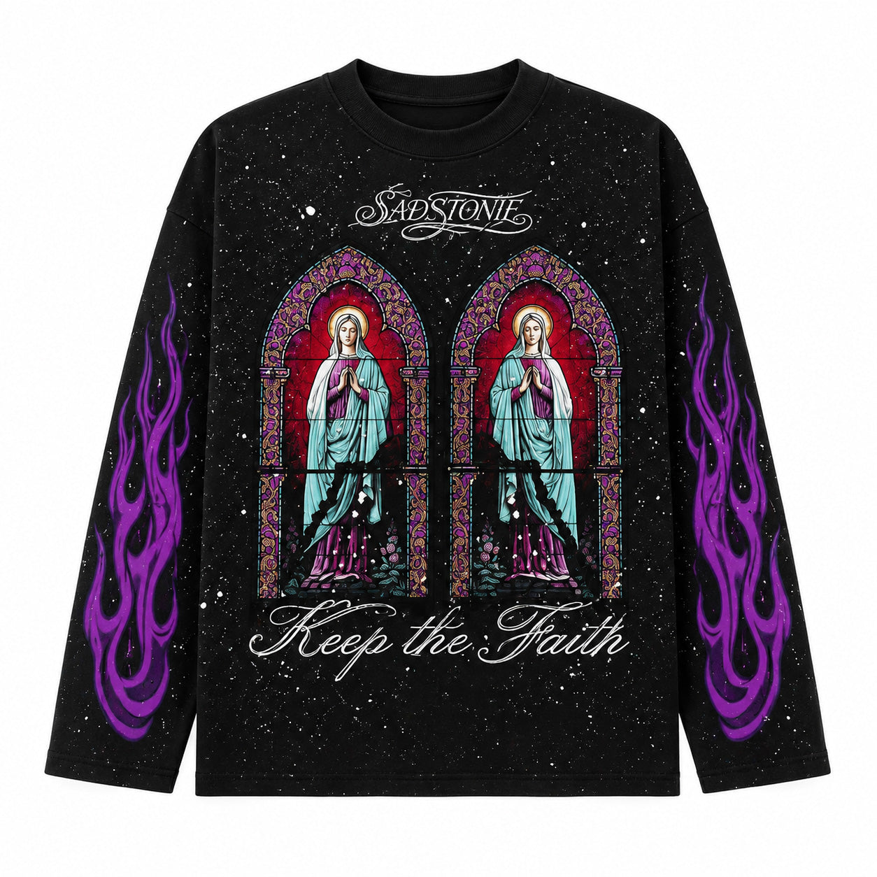 Stained Glass Virgin Mary Graphic Long Sleeve Shirt