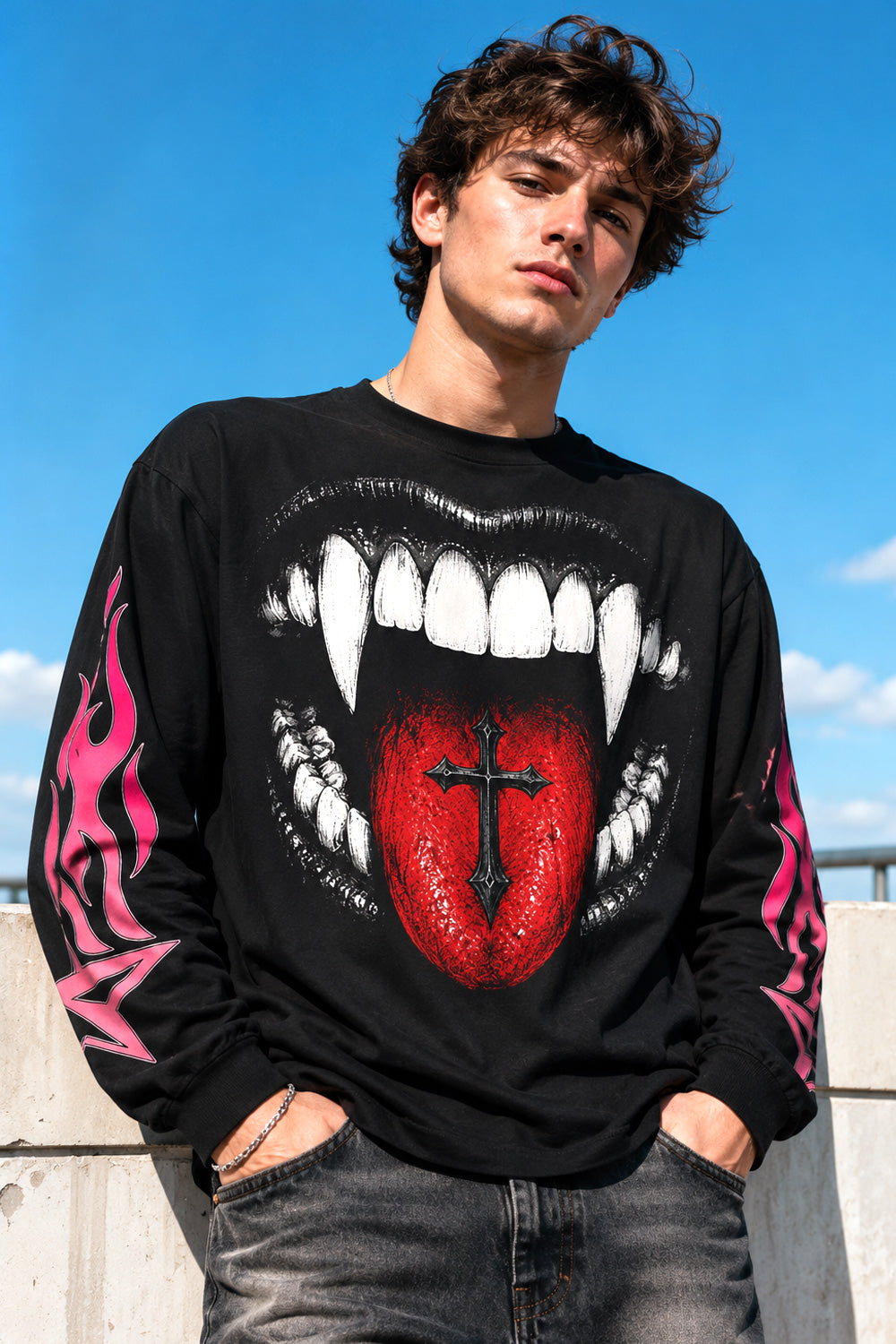 Vampire Fangs Cross Long Sleeve Shirt