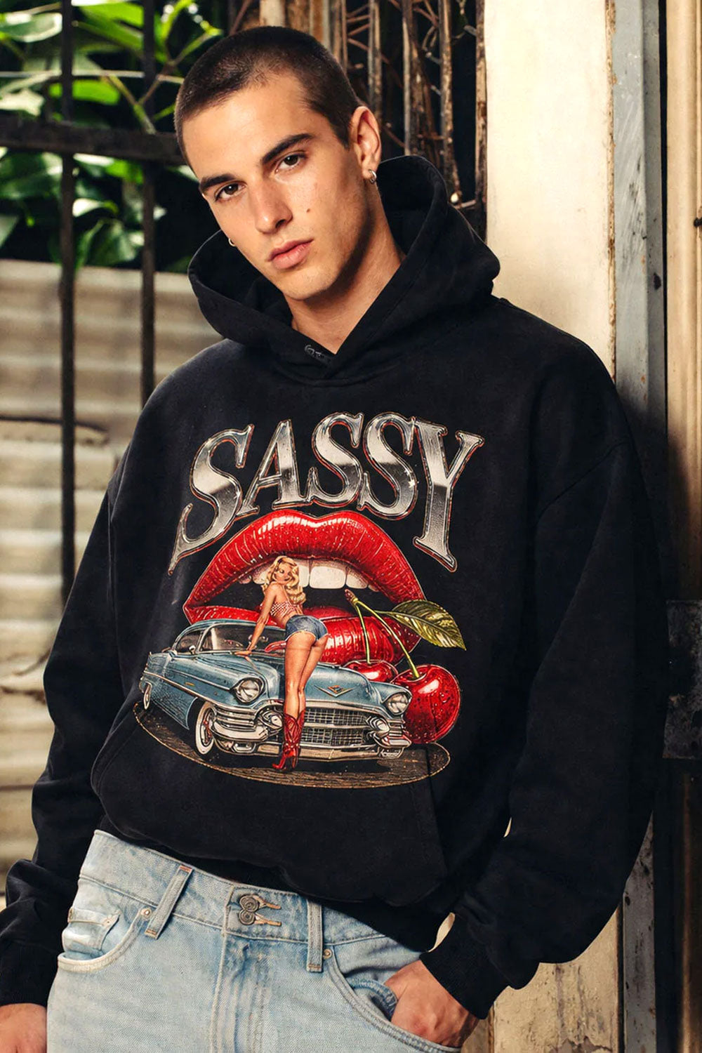 Vintage Sassy Retro Car Graphic Black Crop Hoodie