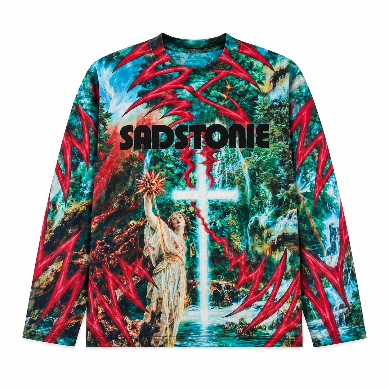 Vintage Cross Forest Graphic Long Sleeve Shirt