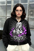 Virgin Mary Purple Flame Black Zip Hoodie