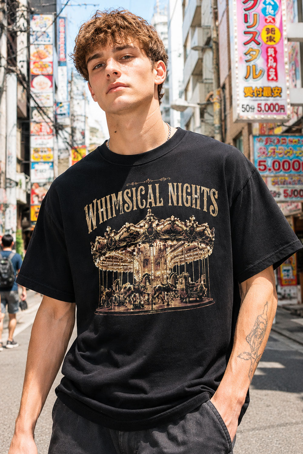Whimsical Nights Carousel Graphic Oversized Black T-Shirt