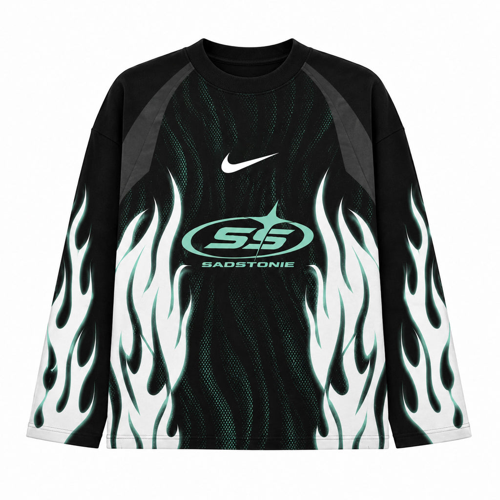 Y2K Cyan Flame Cyberpunk Graphic Long Sleeve