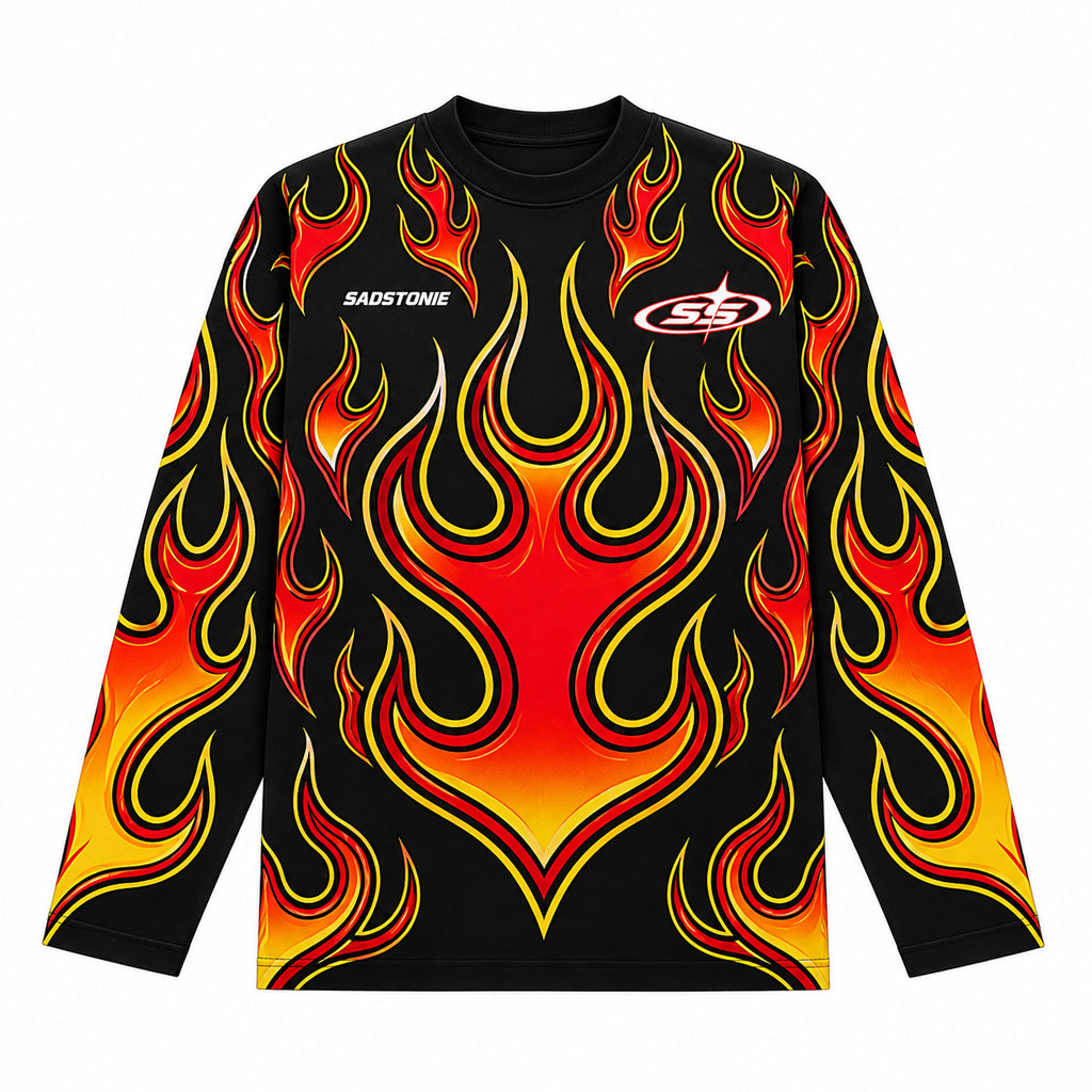 Y2K Fire Flame Racing Graphic Long Sleeve Shirt