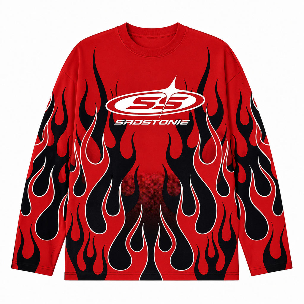 Y2K Red Black Flame Racing Graphic Long Sleeve