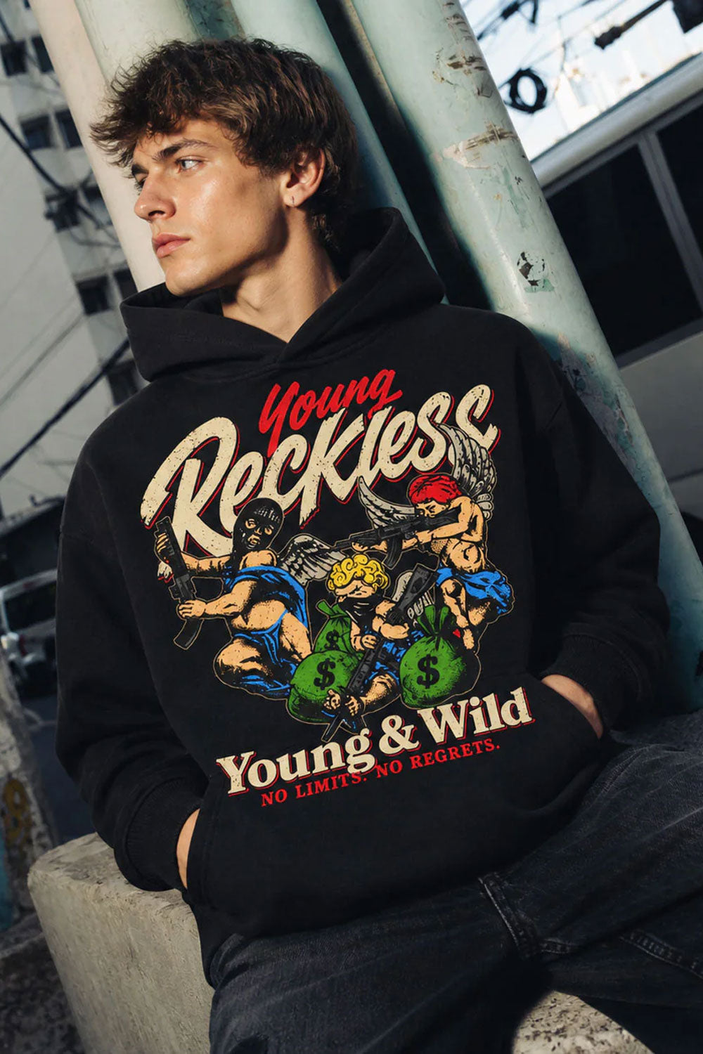 Young Reckless Cherub Graphic Black Crop Hoodie