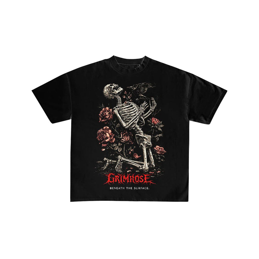 Grimrose Skeleton & Roses Black Graphic T-Shirt