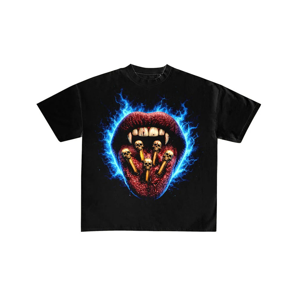 Blue Flame Vampire Lips Skull Graphic T-Shirt