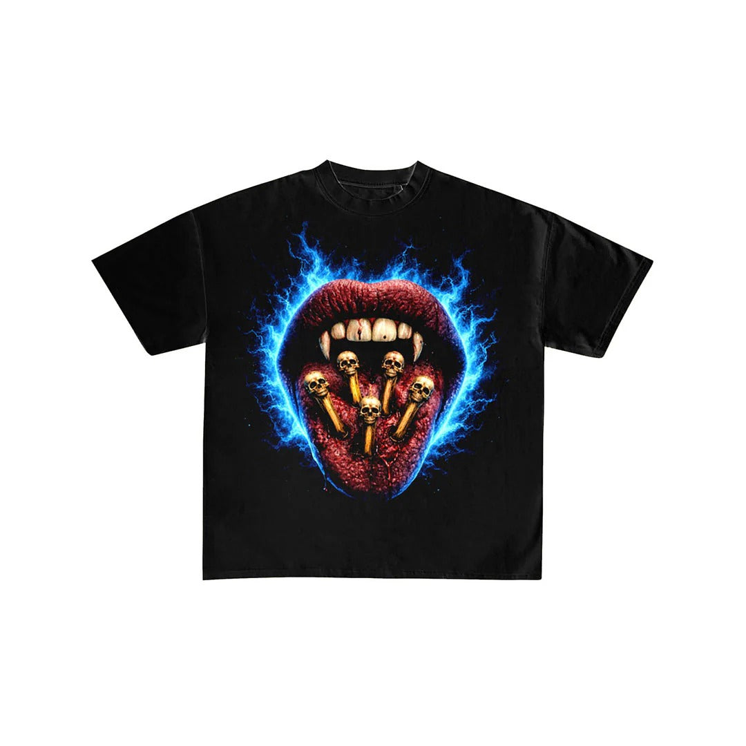 Blue Flame Vampire Lips Skull Graphic T-Shirt