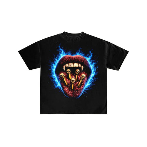 Blue Flame Vampire Lips Skull Graphic T-Shirt