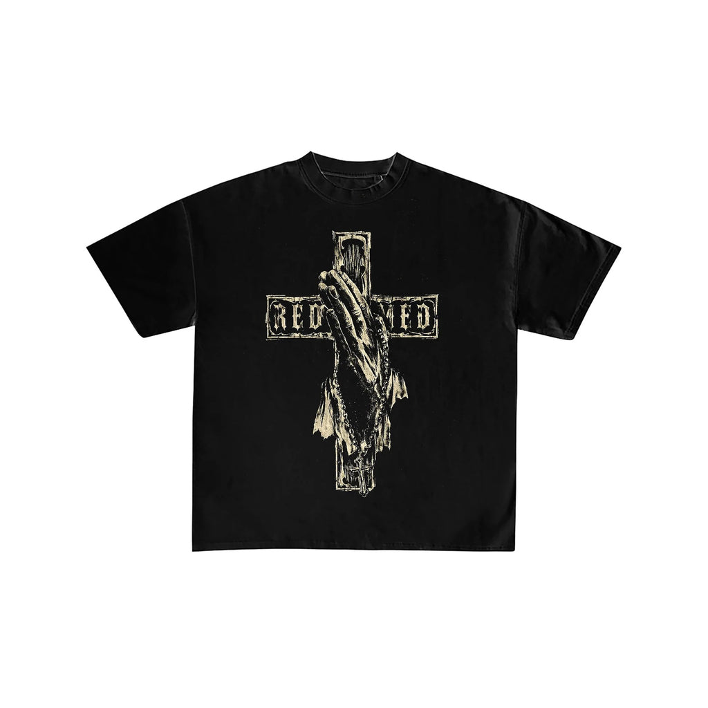 Redeemed Praying Hands Cross Graphic Black T-Shirt