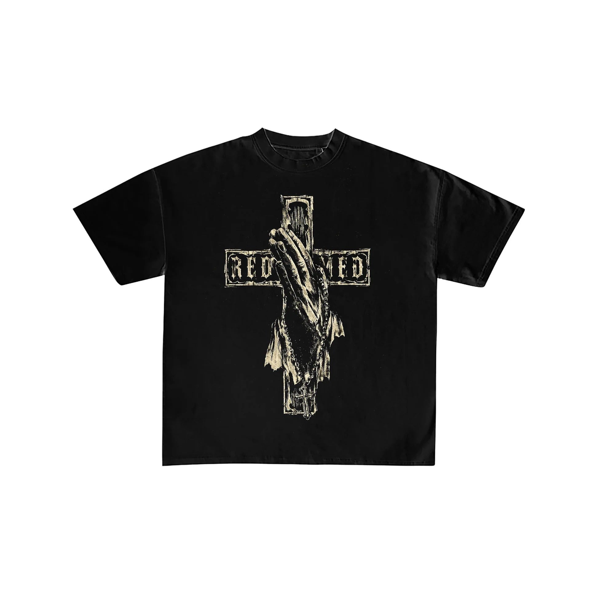 Redeemed Praying Hands Cross Graphic Black T-Shirt