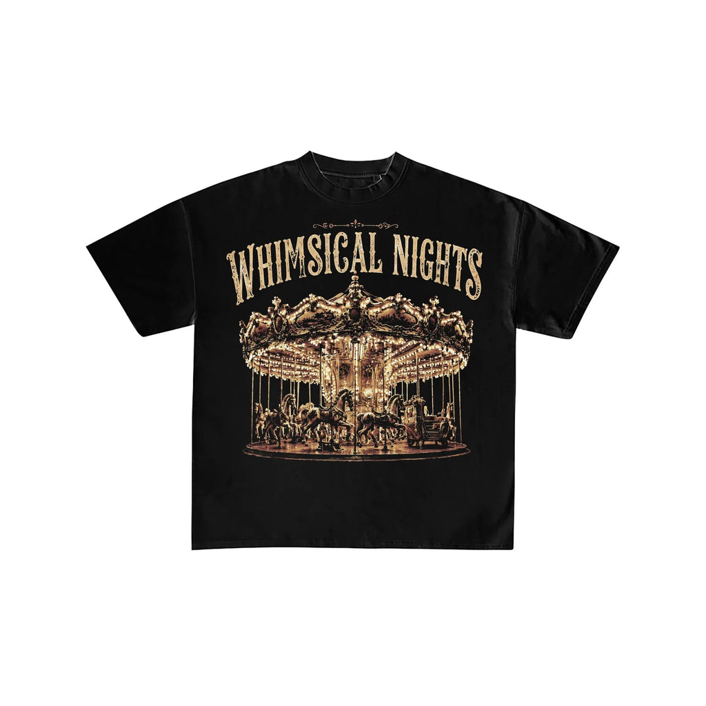 Whimsical Nights Carousel Graphic Oversized Black T-Shirt