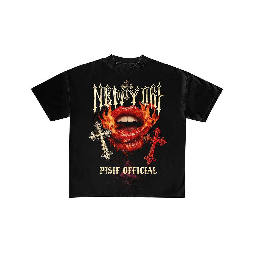 New York Gothic Fire Lips Graphic Streetwear Tee