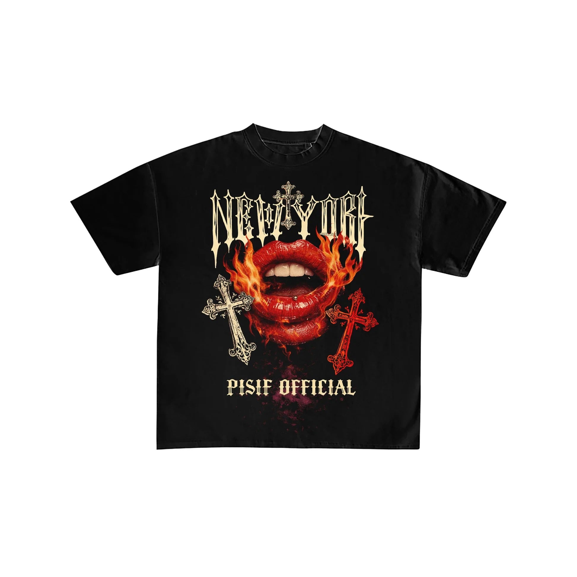 New York Gothic Fire Lips Graphic Streetwear Tee